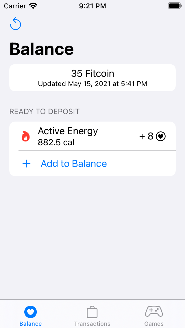 Screenshot of the Balance screen for the Fitcoin iOS app