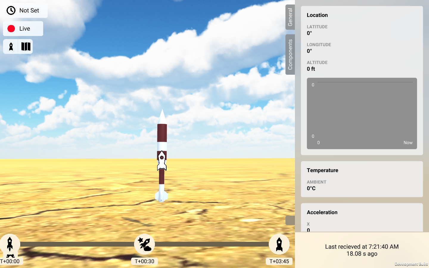 Screenshot of the 3D view in RocketUI. The center of the screen shows a rocket. The right-hand side has placeholder information on the position and temperature of the rocket.