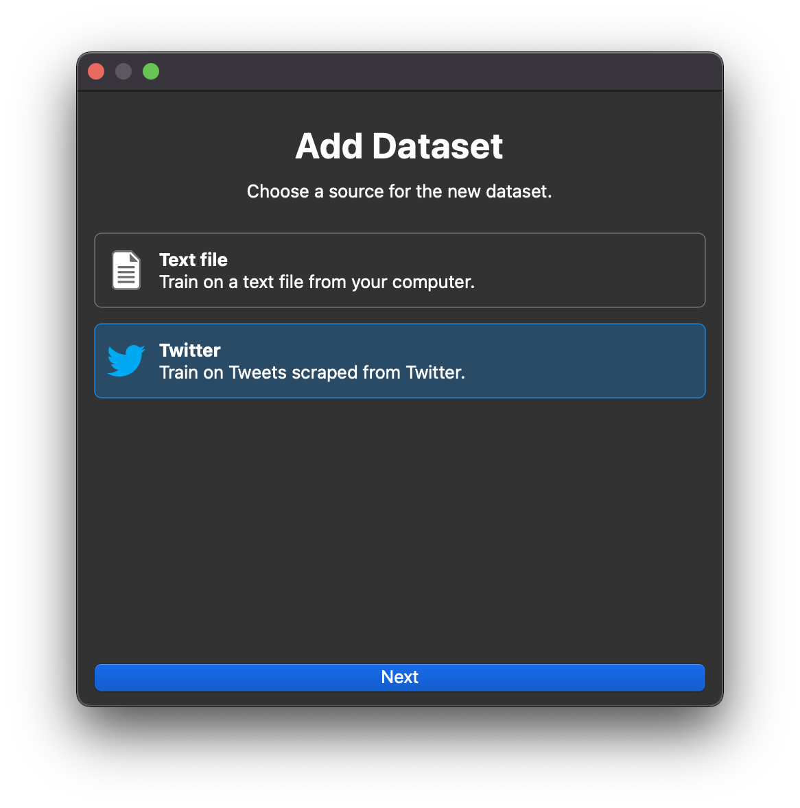 The 'Add Dataset' screen in Genni; 'Twitter' is selected as the source.