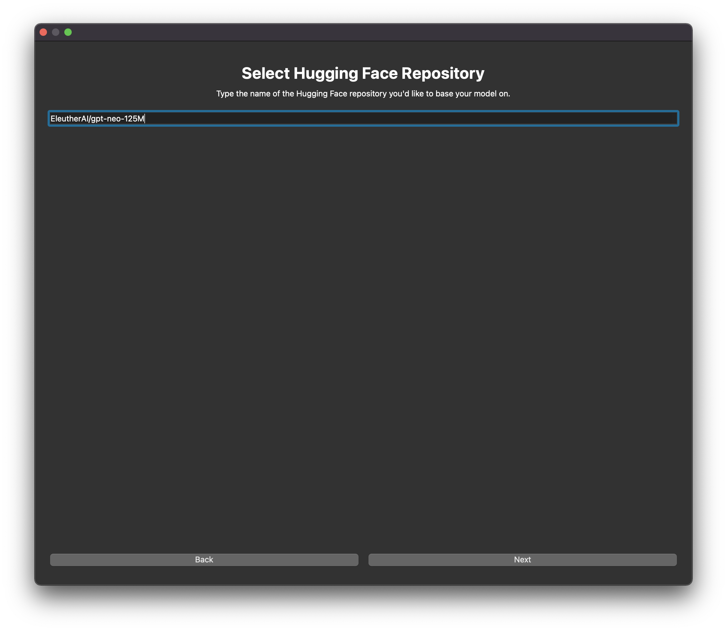 The 'Select Hugging Face Repository' screen in Genni; 'EleutherAI/gpt-neo-125M' is entered as the repository name.