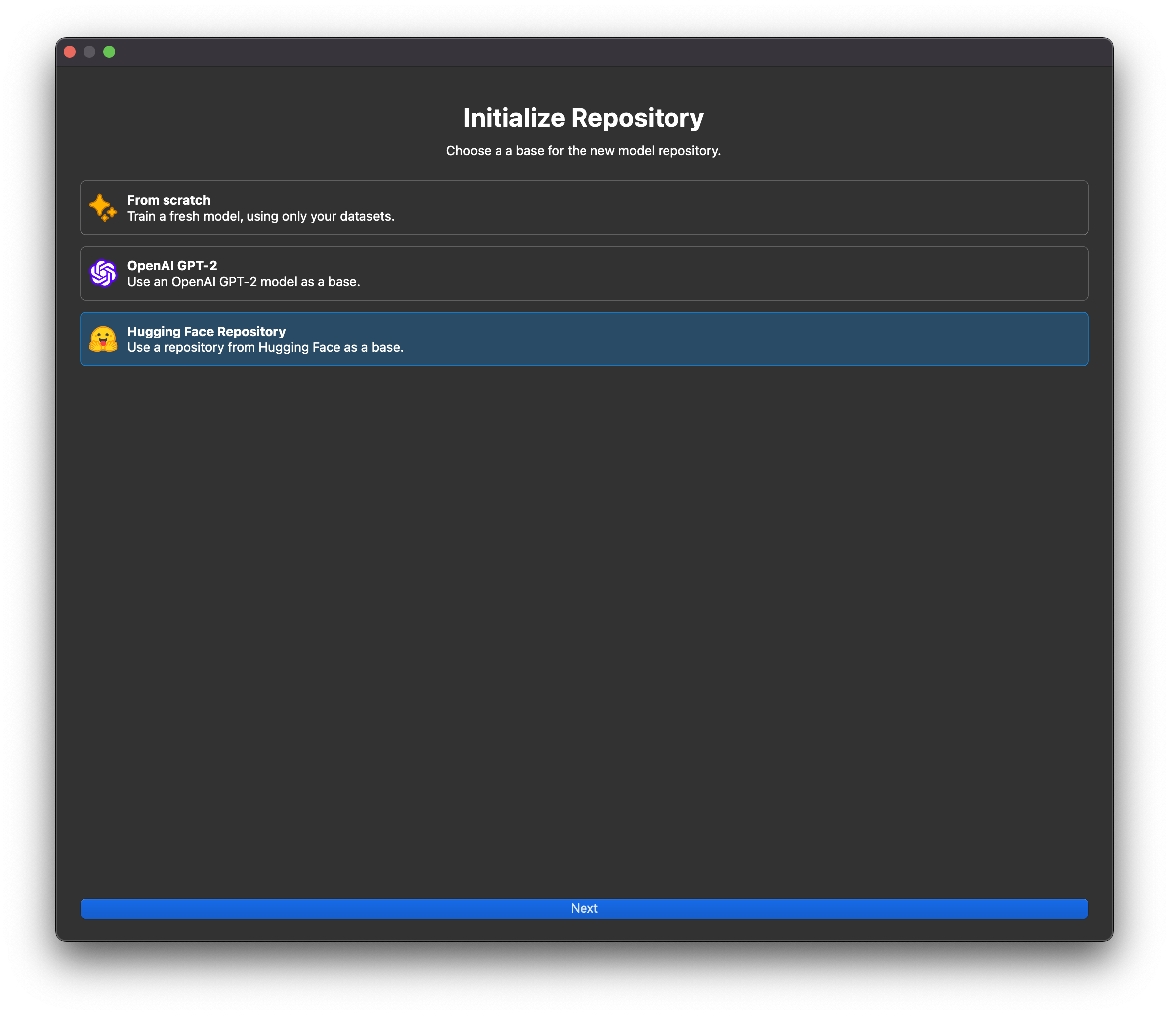 The 'Initialize Repository' screen in Genni; 'Hugging Face Repository' is selected as the base model source.