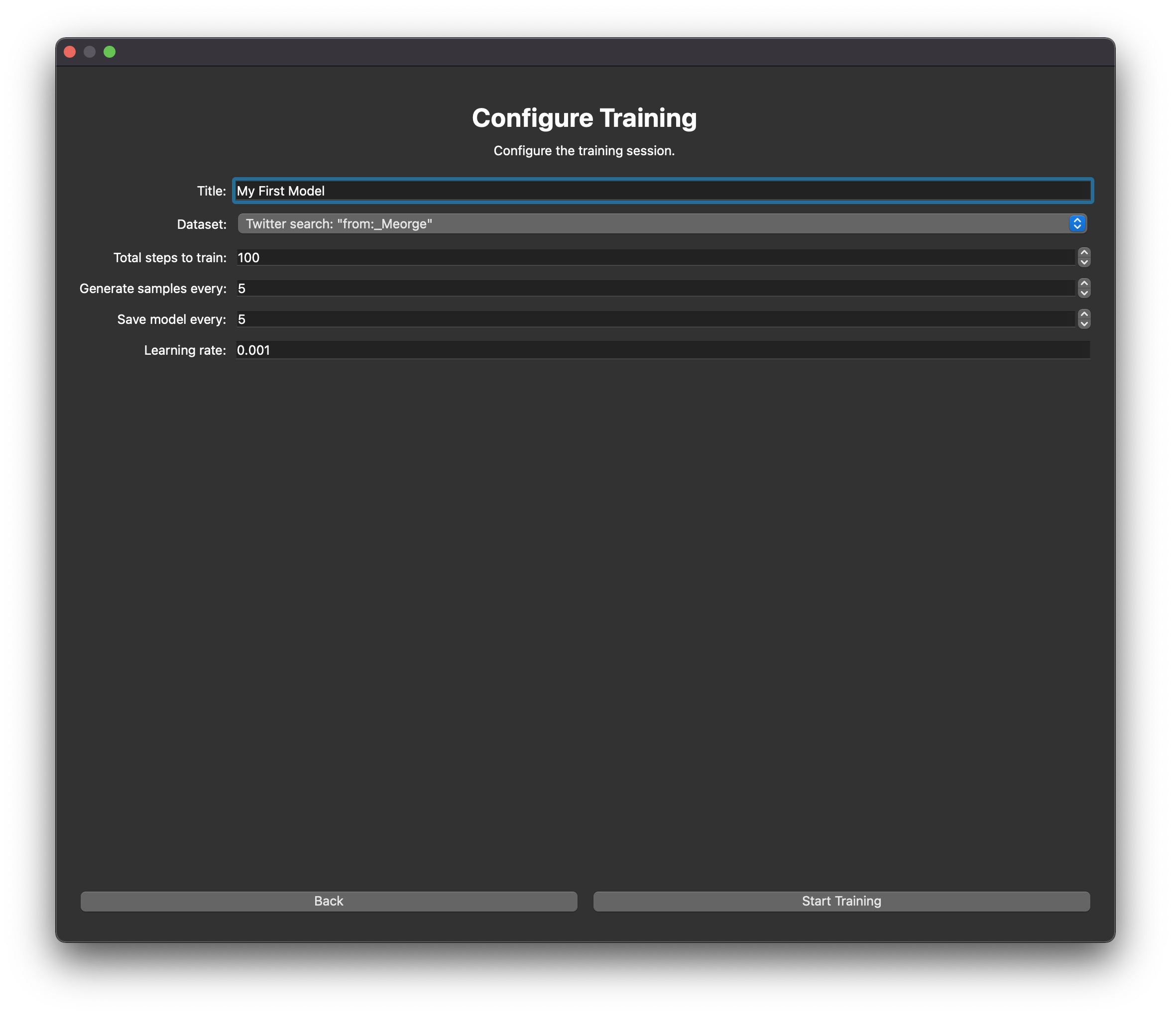 The 'Configure Training' screen in Genni; the user is able to enter hyperparameters, such as the source dataset, number of training steps, and learning rate.