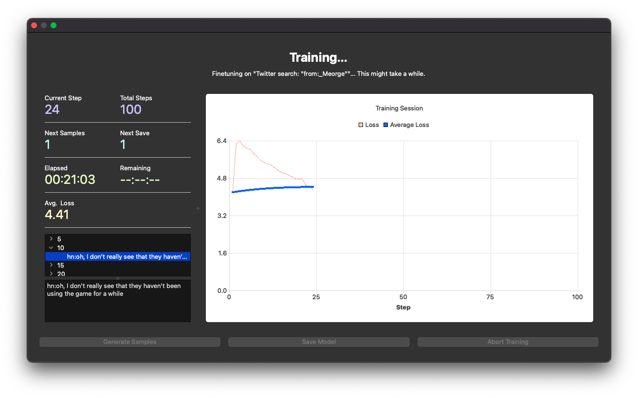 The 'Training in Progress' screen in Genni. On the left are statistics about the training (such as that 21 minutes have passed, training is on step 24 of 100, and the average loss is 4.41), and on the right is a graph of the loss and average loss.